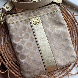 Coach Julia Op Art Gold Khaki Monogram Swingpack Crossbody Bag